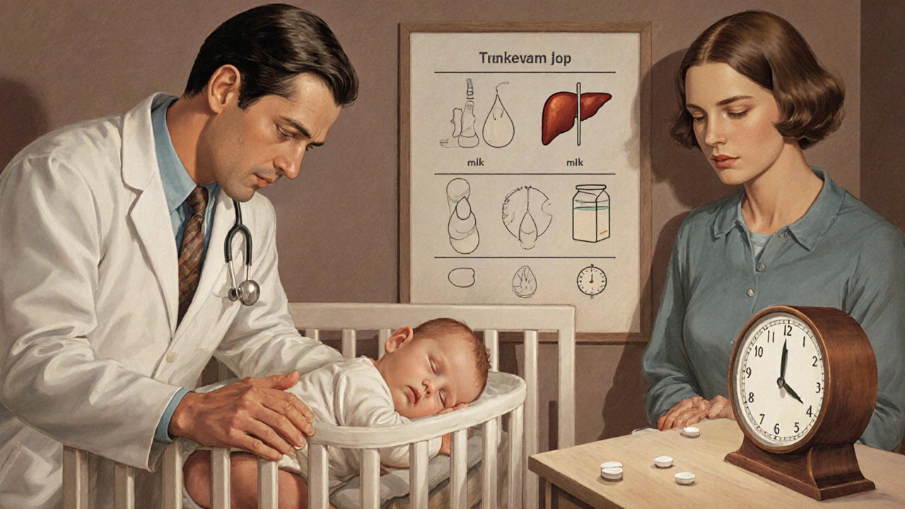 A pediatrician examines a sleeping baby in a nursery while the mother watches with hopeful concern.