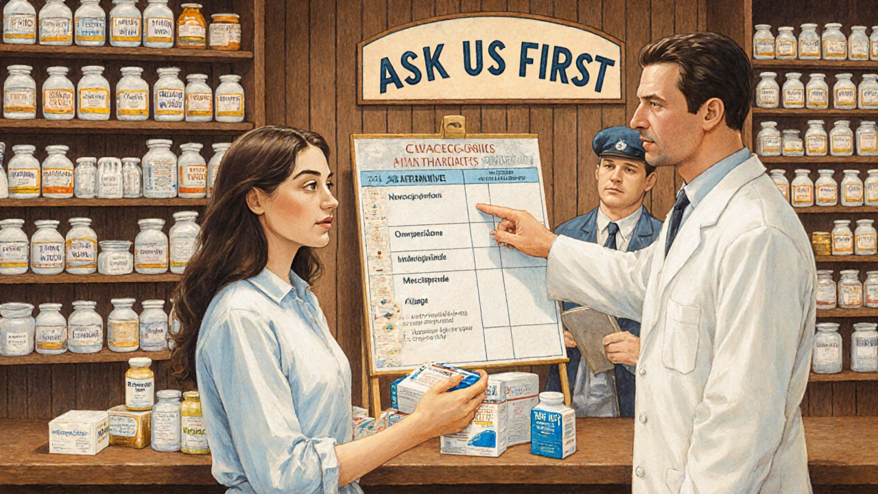 A pharmacist explaining nausea treatment options at a small-town pharmacy counter.