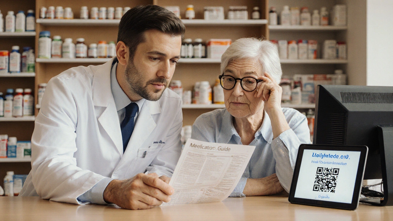 A pharmacist explains a Medication Guide to a patient at the pharmacy counter.