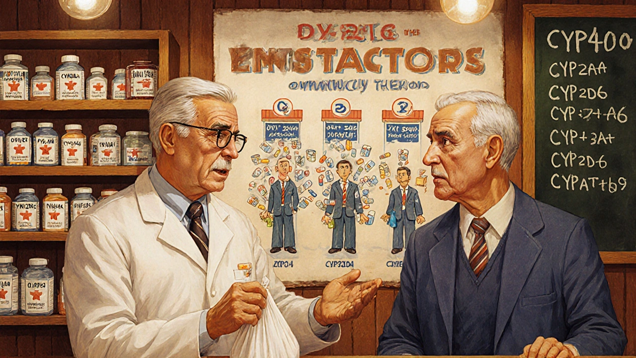 A pharmacist explains CYP450 enzyme interactions to a patient at a community pharmacy with illustrated enzyme toll booths.