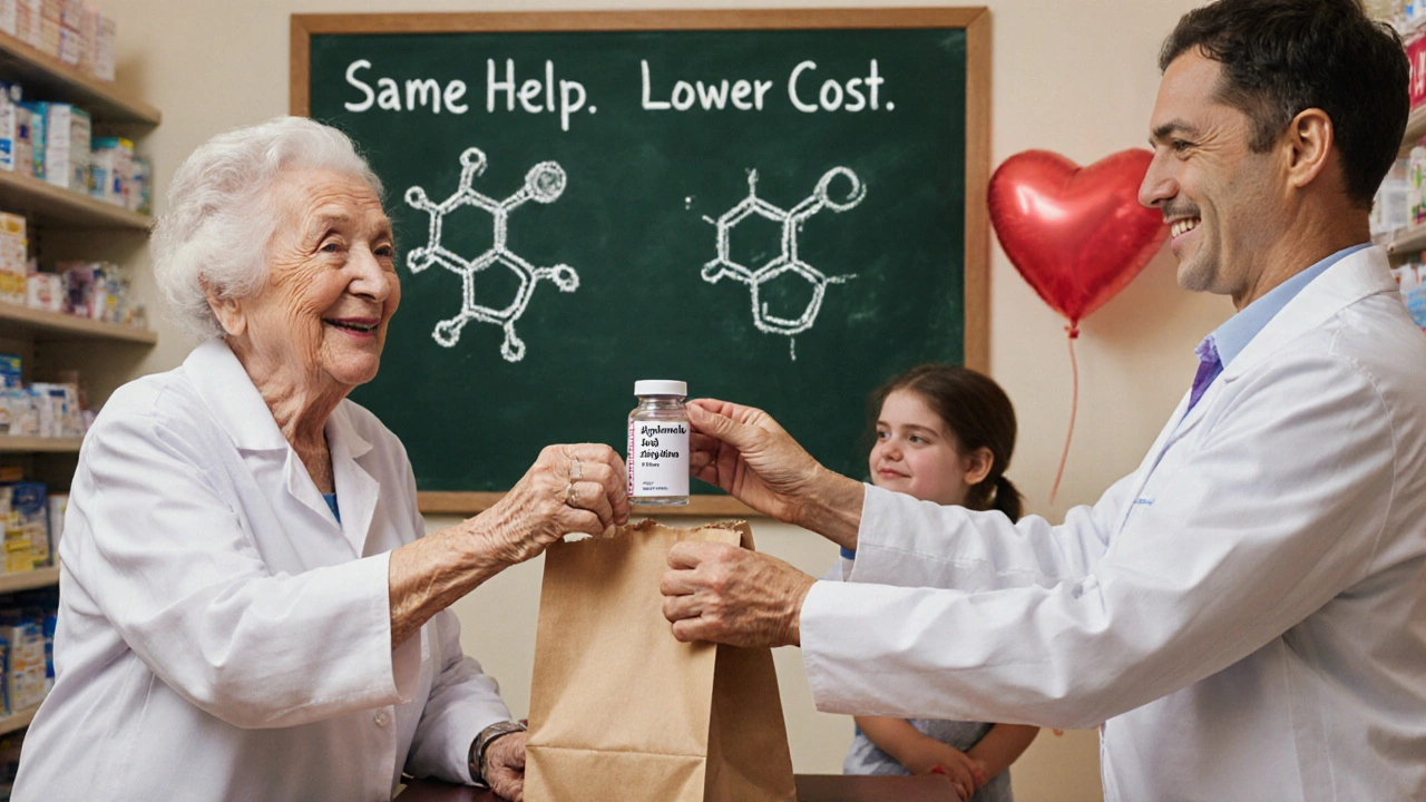 A pharmacist hands a biosimilar prescription to an elderly woman in a warm, inviting pharmacy.