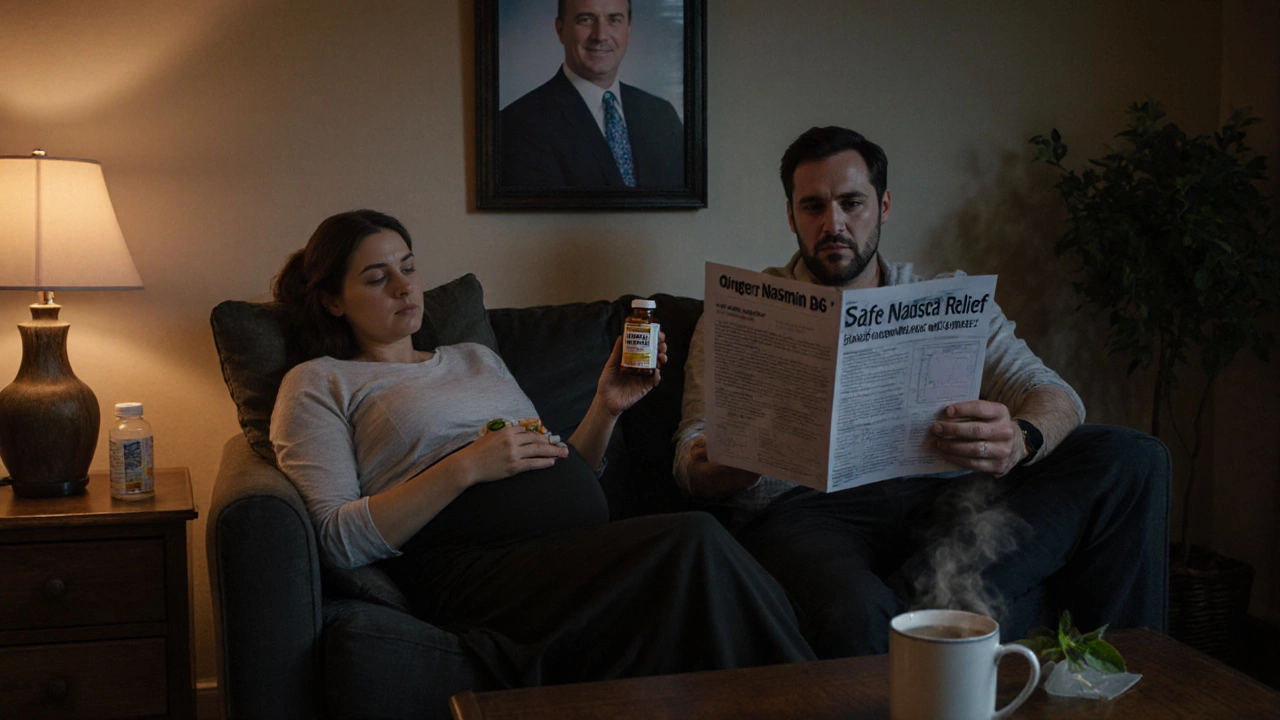 A pregnant woman resting with ginger candy and vitamin B6 in a cozy living room.