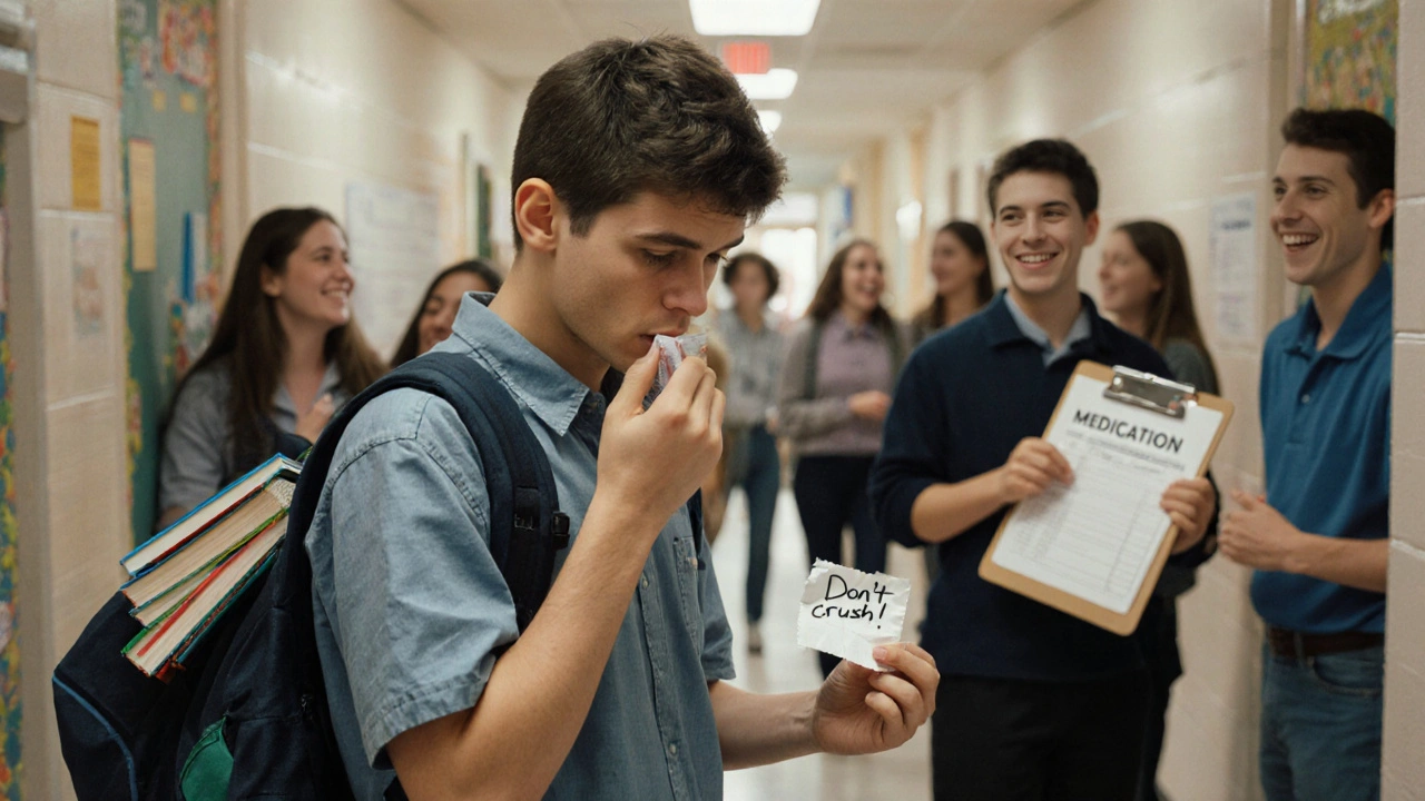 A teenager swallows an extended-release ADHD pill in school, surrounded by unaware classmates.