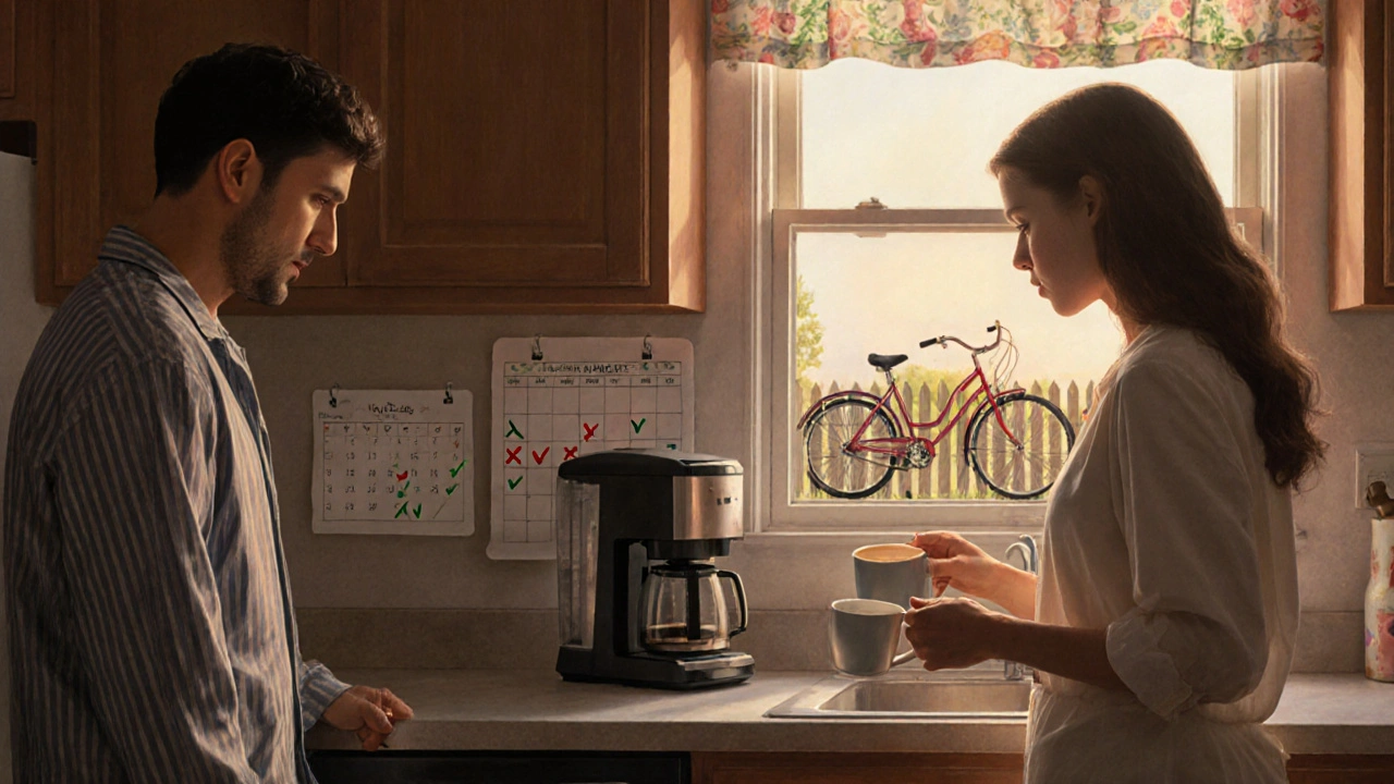 A wife places coffee mugs in the kitchen as her husband stares blankly, a mood calendar on the wall marking their struggles.