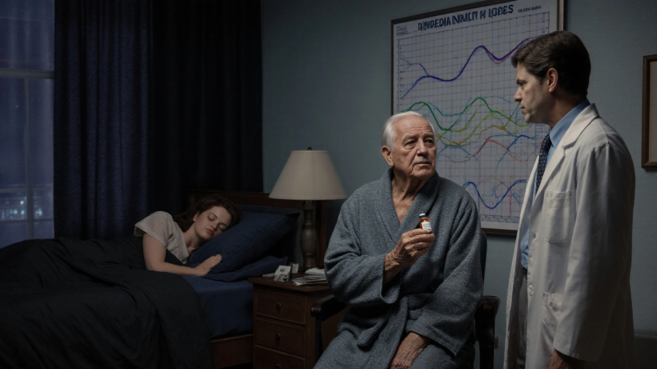 An elderly man and doctor discussing melatonin in a clinic, with a circadian rhythm chart on the wall.