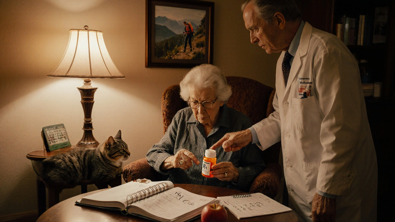 An elderly woman and her pharmacist review an ER medication label together in a warm living room.