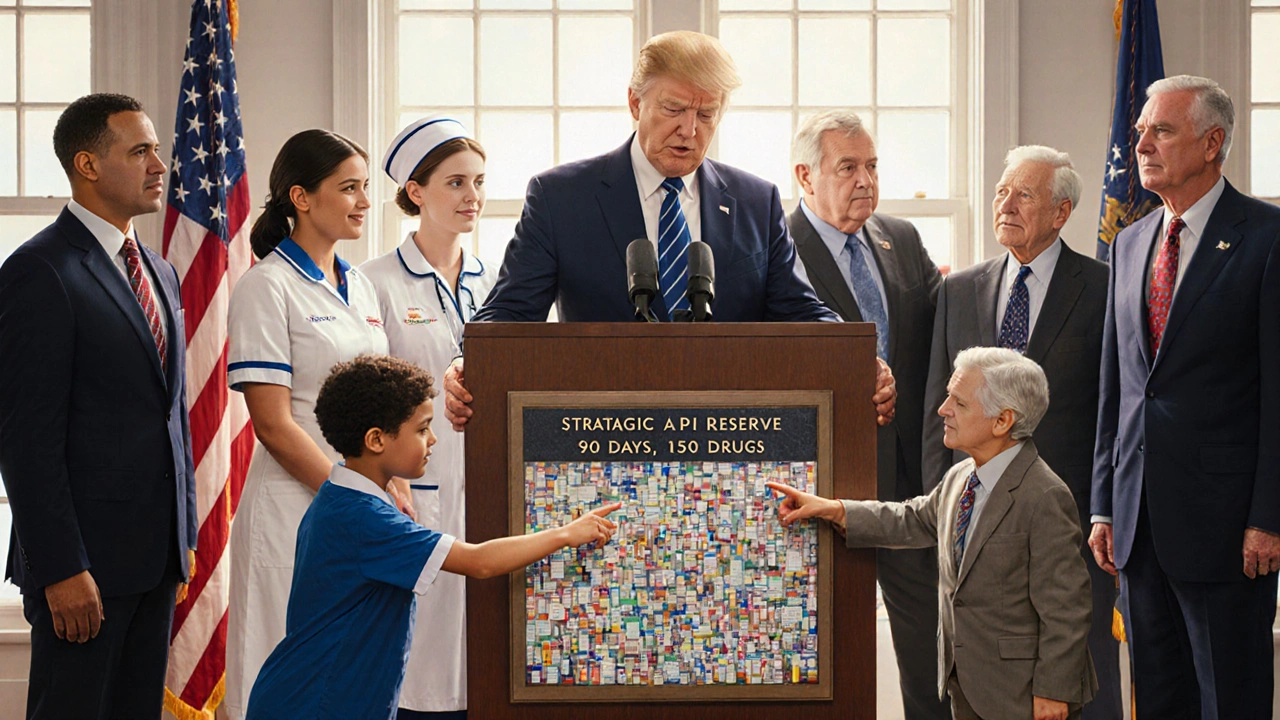 Diverse community gathers as official unveils Strategic API Reserve plaque, vials arranged in patriotic display behind them.