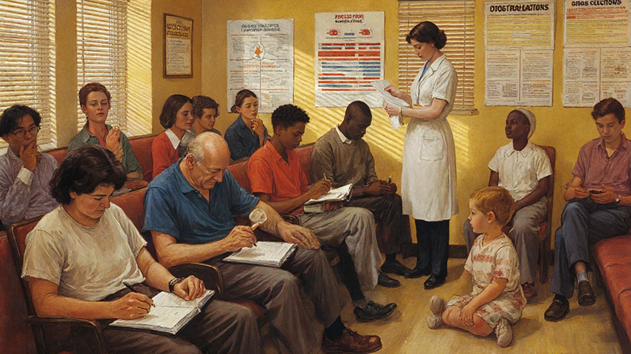 Diverse group in clinic waiting room, one person noticing a rash, timeline posters on wall.