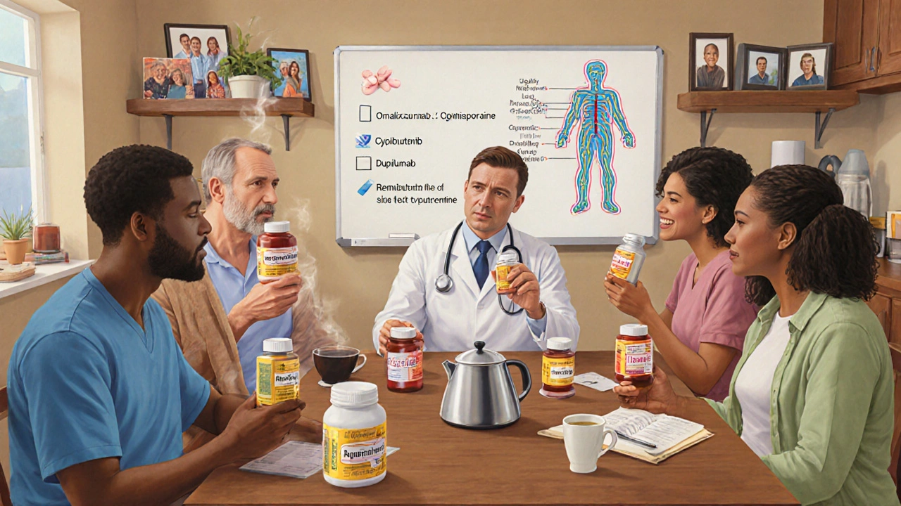 Diverse group of patients at kitchen table discussing CSU treatments with doctor and whiteboard.