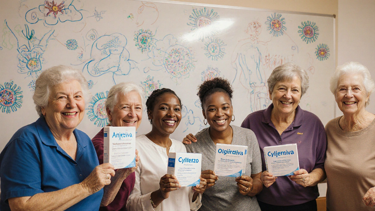 Diverse group of RA patients sharing experiences at a support meeting with biosimilar medication boxes.