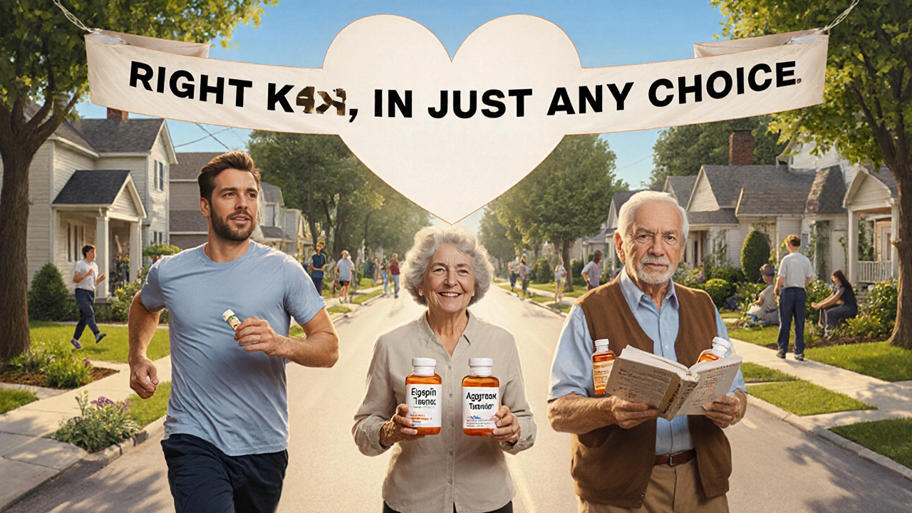 Diverse individuals in everyday scenes holding different heart medication bottles under a heart-shaped banner.