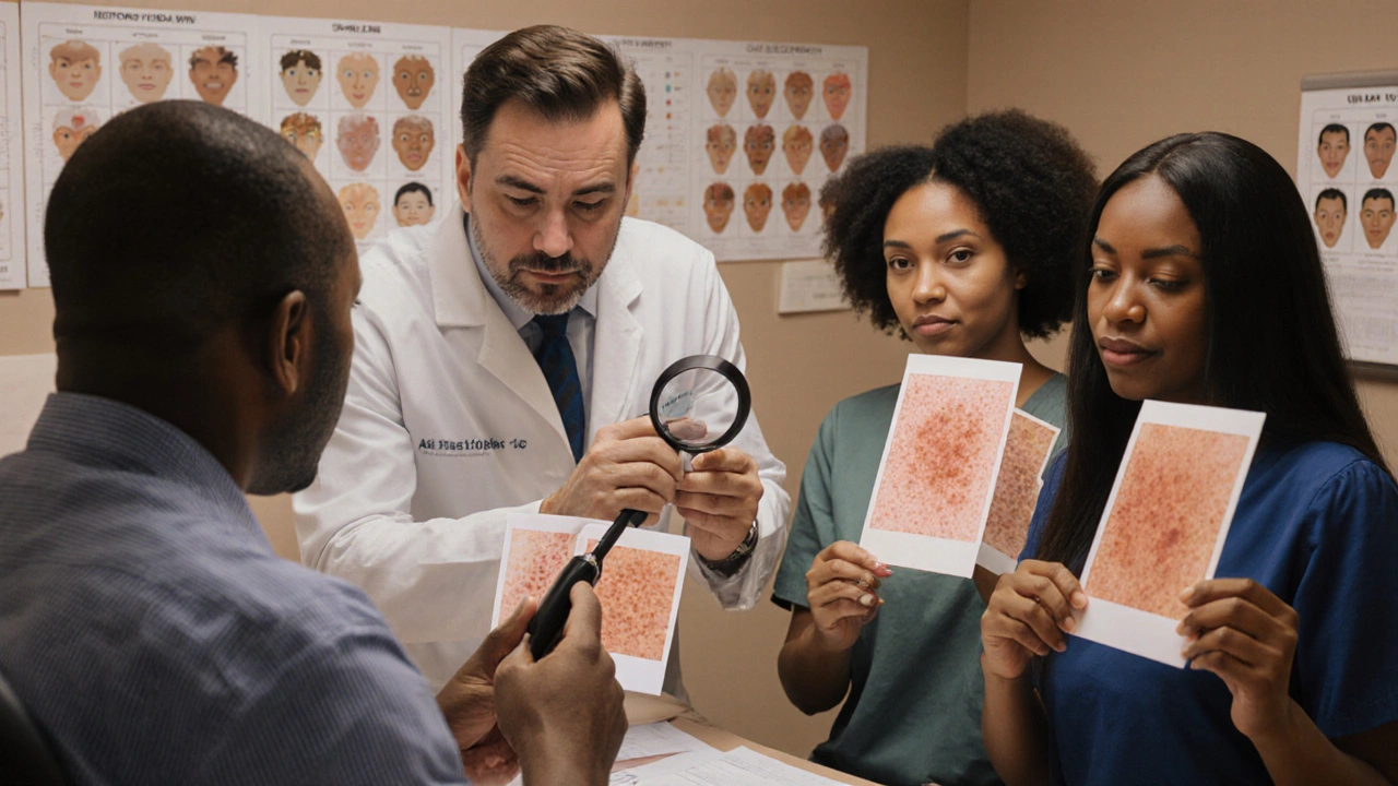Diverse patients and doctor reviewing skin photos in dermatology office.