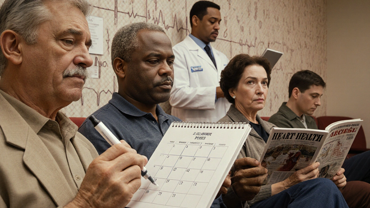 Diverse patients in a clinic waiting room, some with cholesterol injection pens, calm and hopeful.