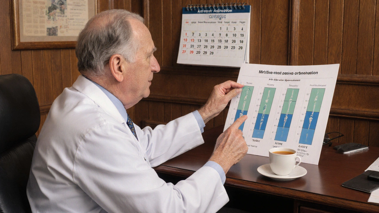 Doctor and patient discussing bone density chart in a warm, softly lit office.