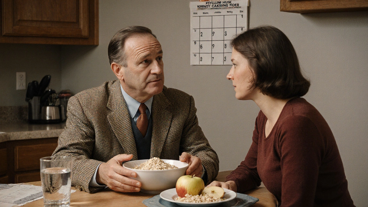 Doctor explaining fiber and hydration to a patient at a kitchen table with oatmeal and water nearby.