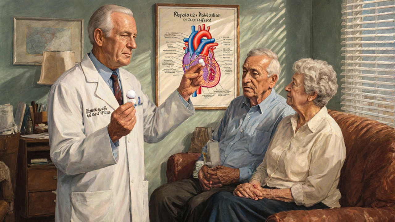 Doctor explaining heart medication options to an elderly couple in a warm clinic setting.
