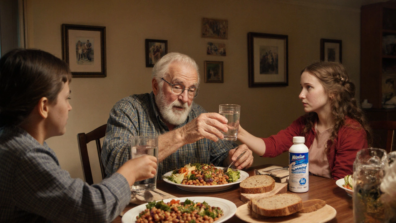 Grandfather eating healthy meal with granddaughter offering water, MiraLax bottle on counter.