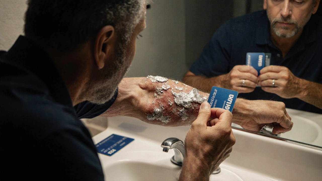 Man examining psoriasis plaques with silvery scales in bathroom mirror.