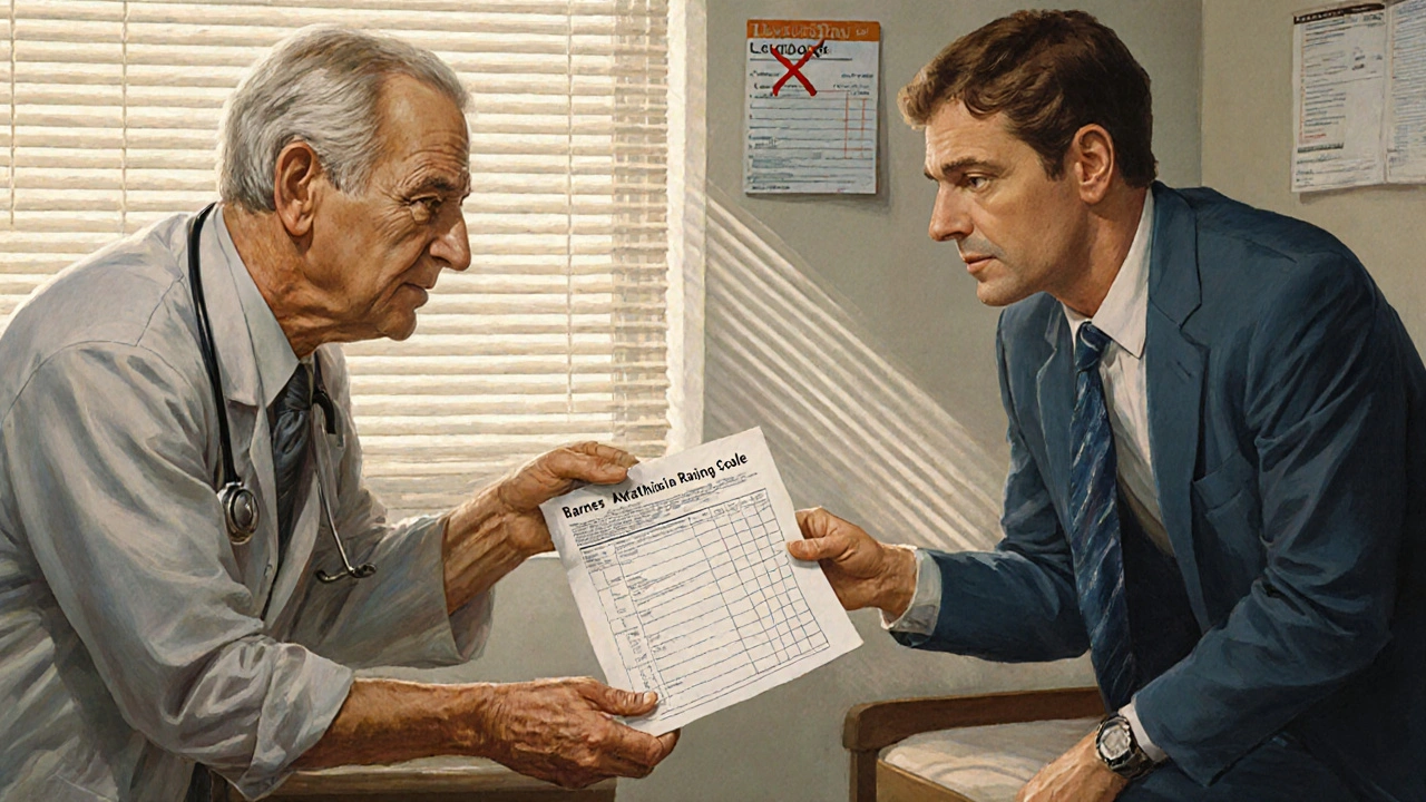 Patient handing doctor a printed scale for akathisia, doctor listening intently in clinic.