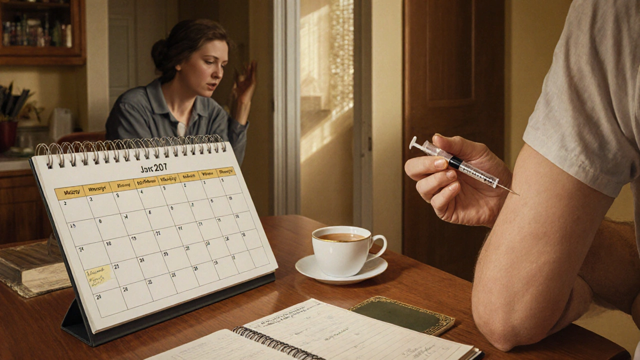 Patient self-administering a biologic injection at home with symptom diary and tea nearby.