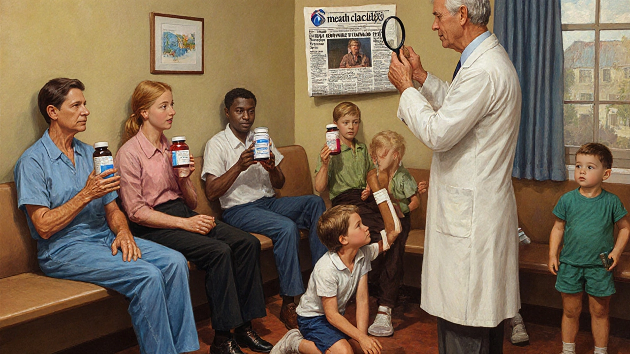 Patients in clinic wait as doctor examines a blood test result, holding medications for NTI drugs.