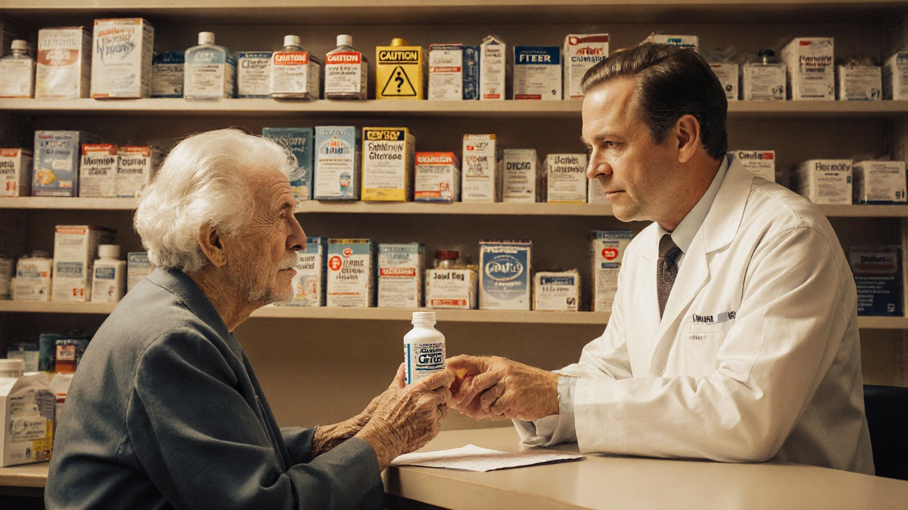 Pharmacist handing PEG laxative to elderly woman at counter with labeled remedies.