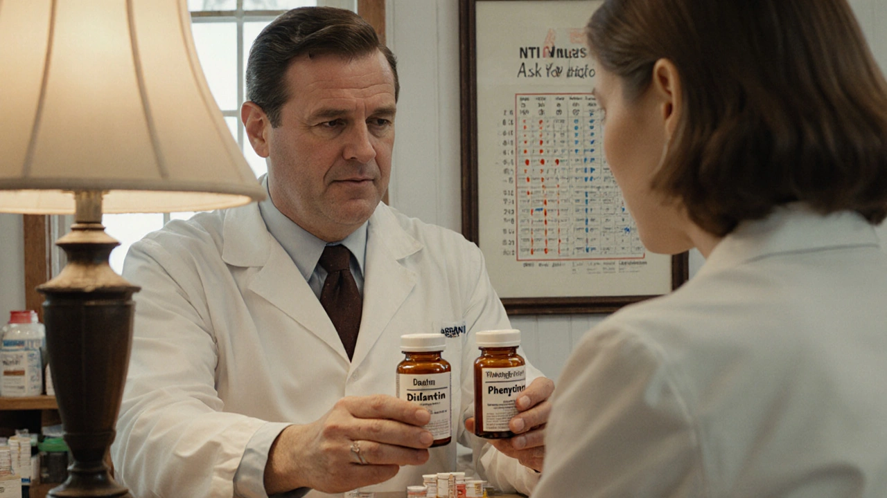 Pharmacist hands patient two similar pill bottles while NTI warning sign is visible in background.