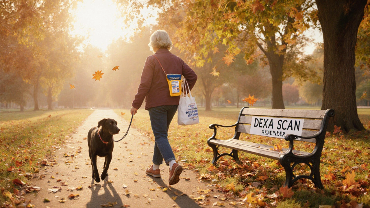 Postmenopausal woman walking her dog in a park at sunrise, carrying vitamin D pills.