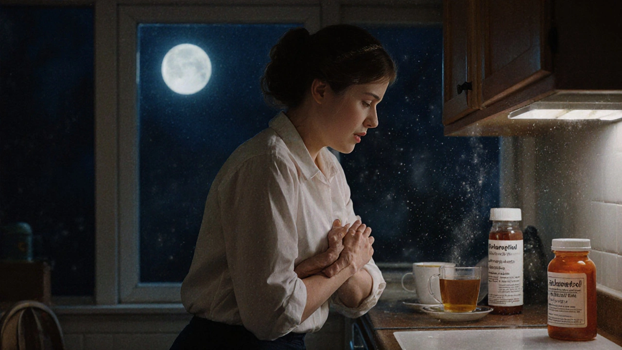 Woman pacing in her kitchen at night, holding her arms, prescription bottle visible on counter.