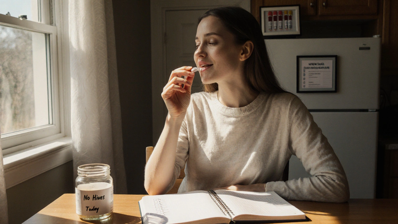 Woman taking daily pill at breakfast, smiling with &#039;No Hives Today&#039; checklist and blood test on fridge.