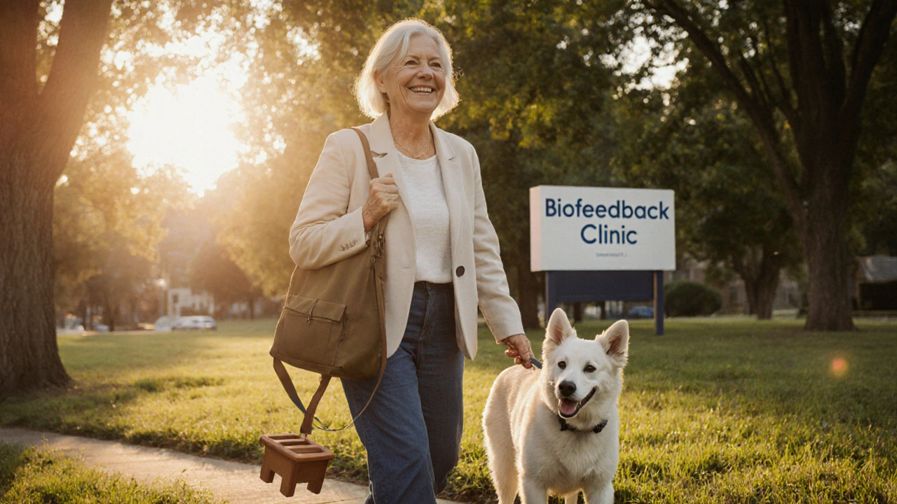 Woman walking her dog at dawn, carrying a footstool, symbolizing long-term constipation management.