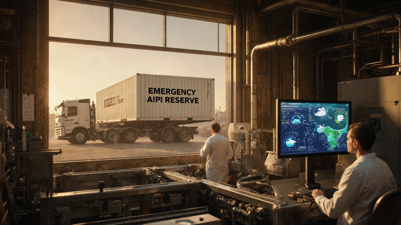 Workers monitor modern pharmaceutical production line with modular unit being unloaded, AI data display glowing softly in background.