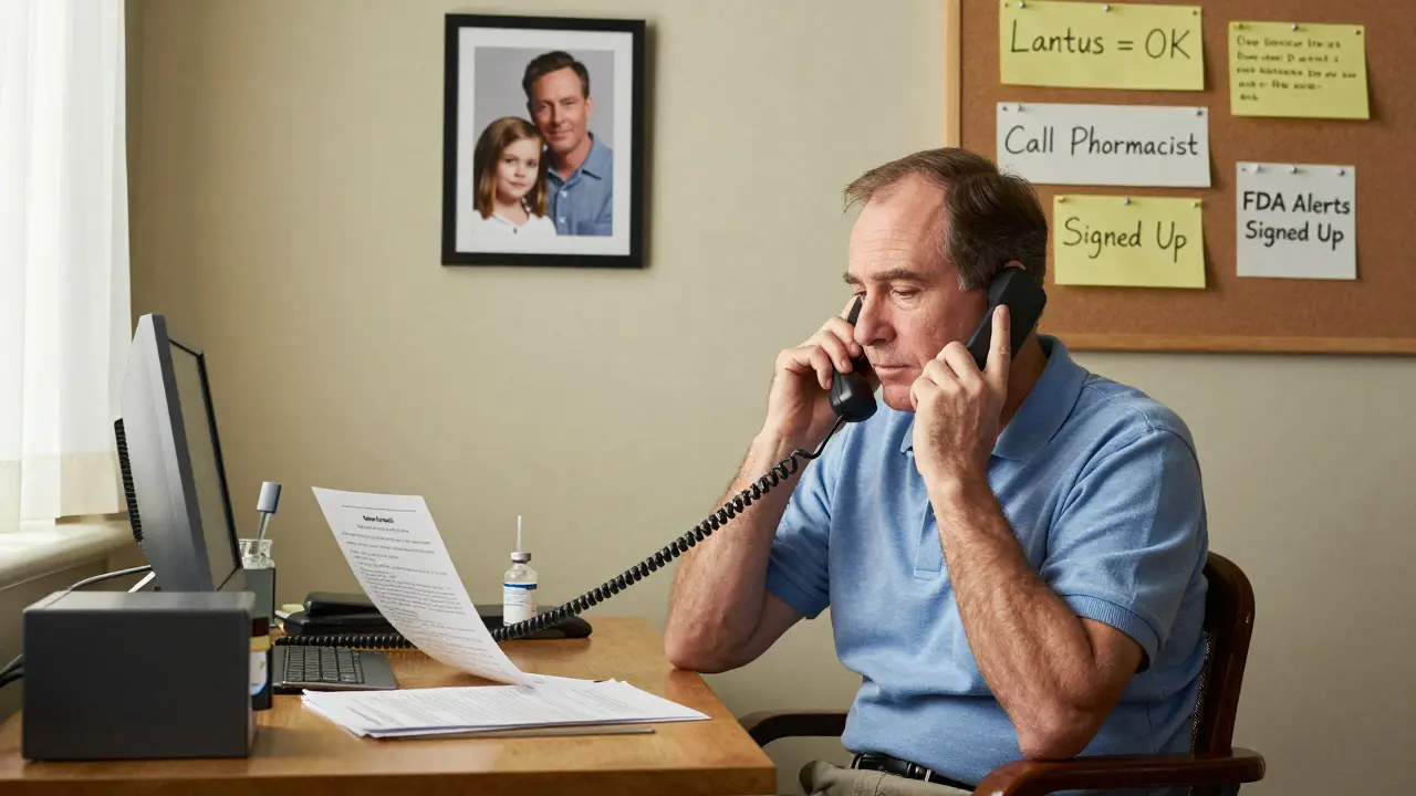 A diabetic patient on the phone with a manufacturer, surrounded by notes and insulin vial, calm and prepared environment.