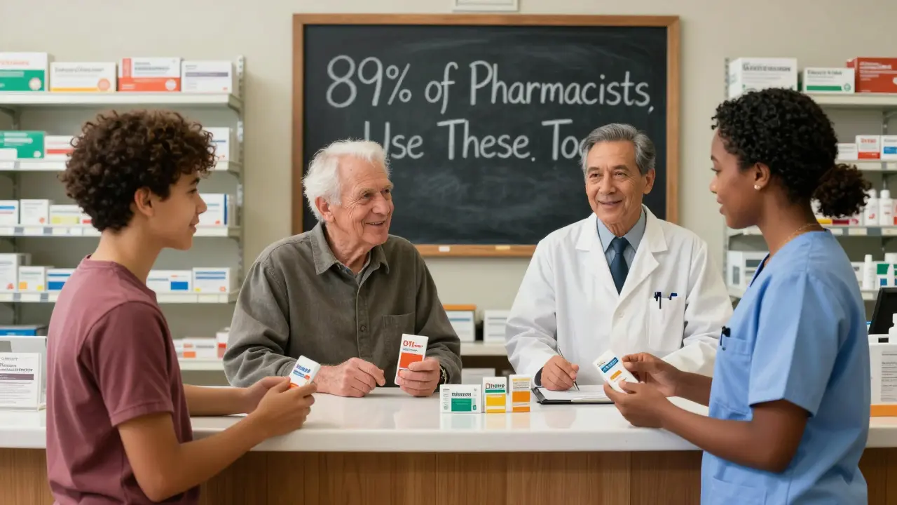 A diverse group of customers smiles at a pharmacy counter, holding generic medications as a pharmacist nods, with a chalkboard showing pharmacist endorsement.