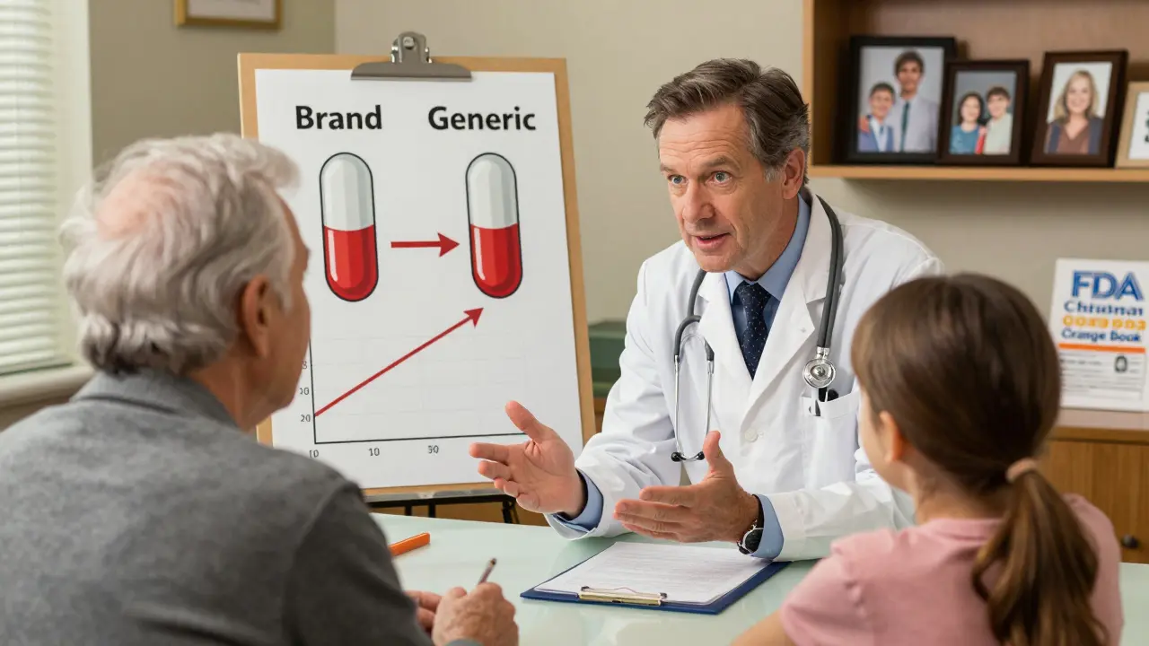 A doctor explains generic drug equivalence to a patient and family using a visual chart in a warm, cozy office.