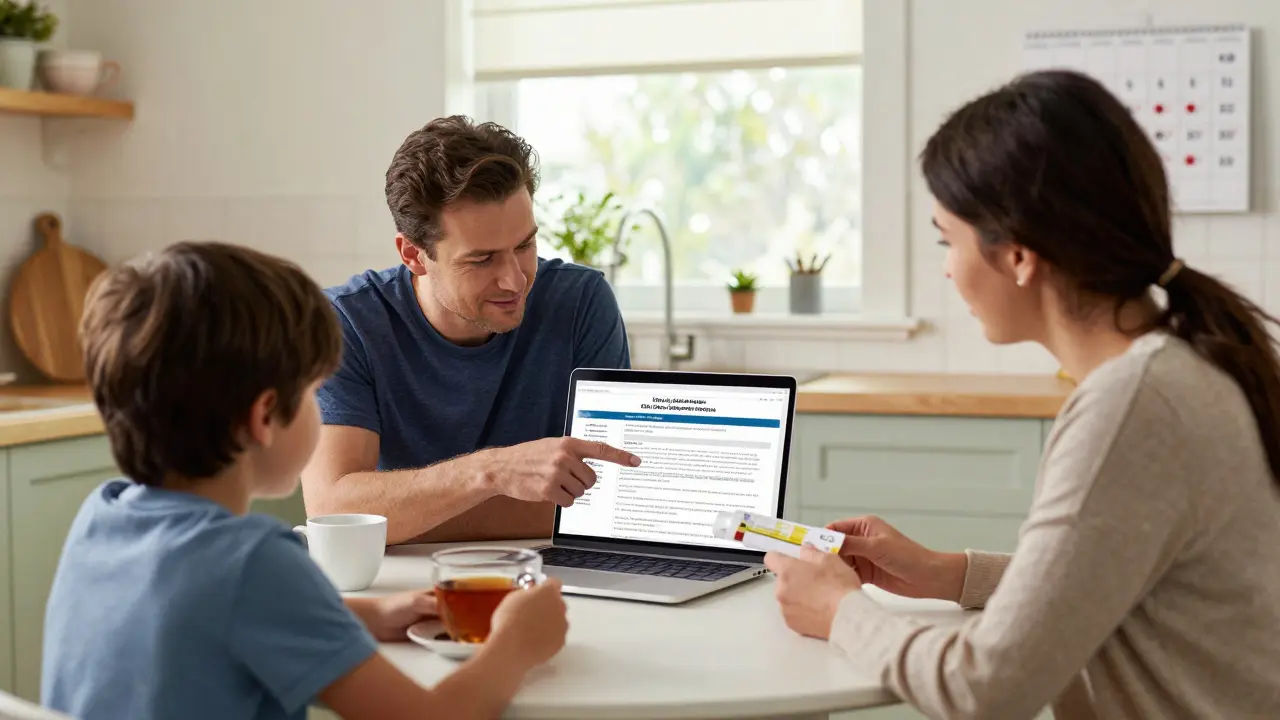 A family reviewing a drug shortage website at the kitchen table, morning light, supportive and attentive atmosphere.