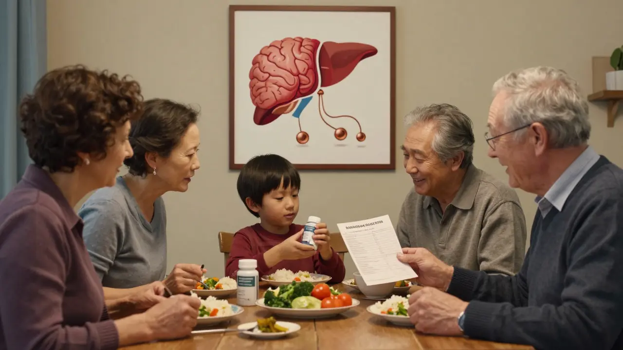 A family sharing a meal with a zinc supplement bottle and a medical report on the table.