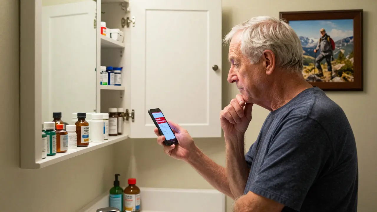 A man checking a medication safety app in front of his medicine cabinet, realizing a dangerous interaction.