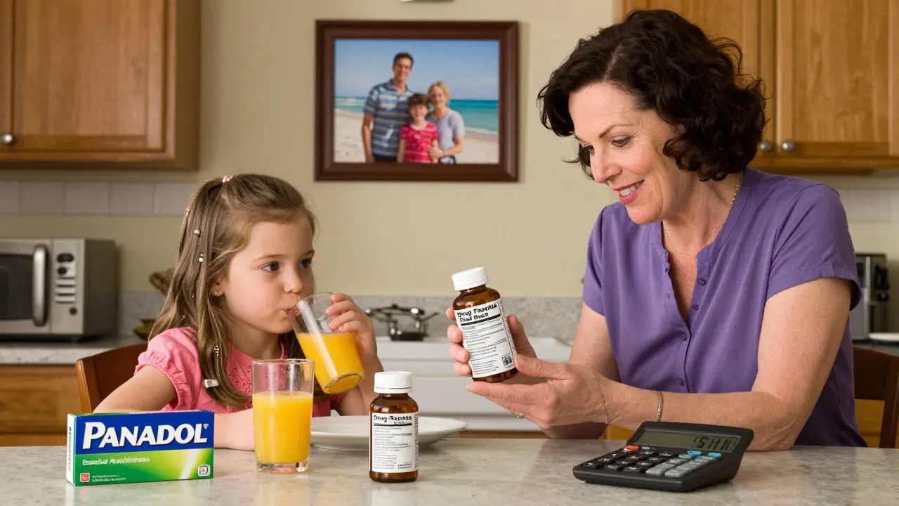A mother reads a generic painkiller label in her kitchen while her daughter drinks juice, with a family photo and savings calculator visible.