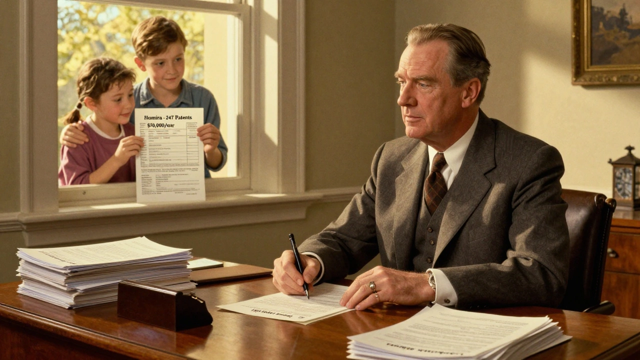 A pharmaceutical executive surrounded by patent papers while a family looks in at a high medical bill.