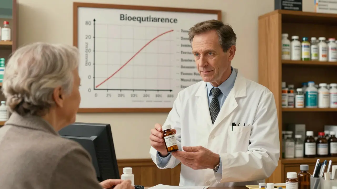 A pharmacist gives a generic medication to an elderly patient in a cozy pharmacy with a bioequivalence graph on the wall.