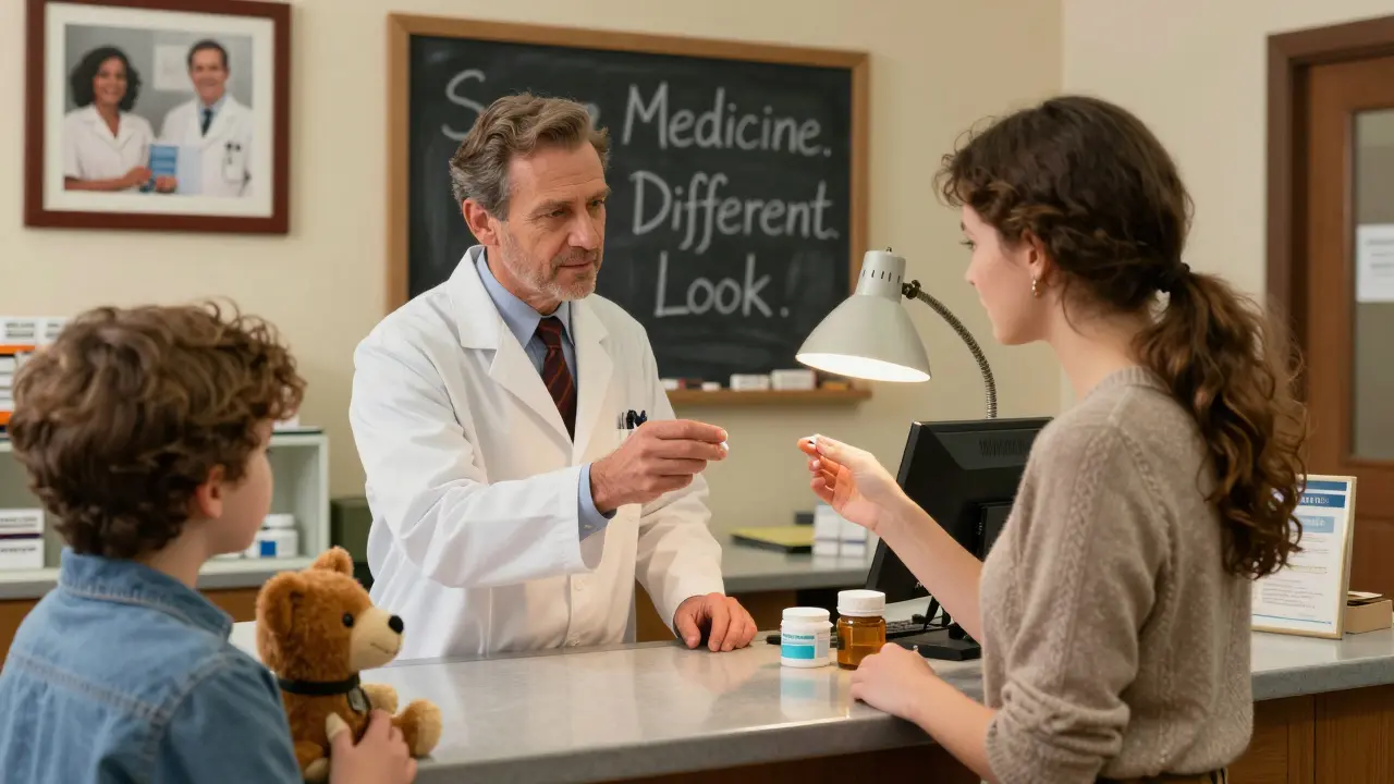 A pharmacist shows two identical pills in different colors to a patient, with a chalkboard noting 'Same Medicine. Different Look.'