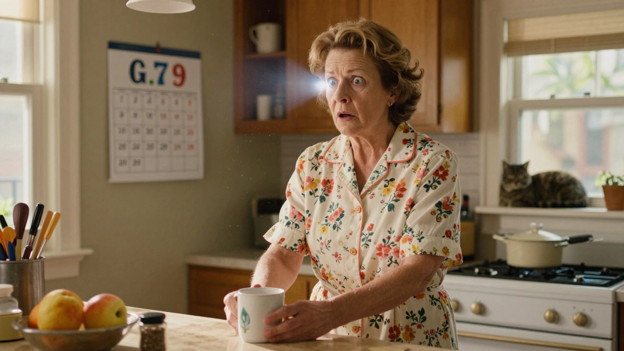 A woman sees sudden flashes of light in her kitchen, looking startled.