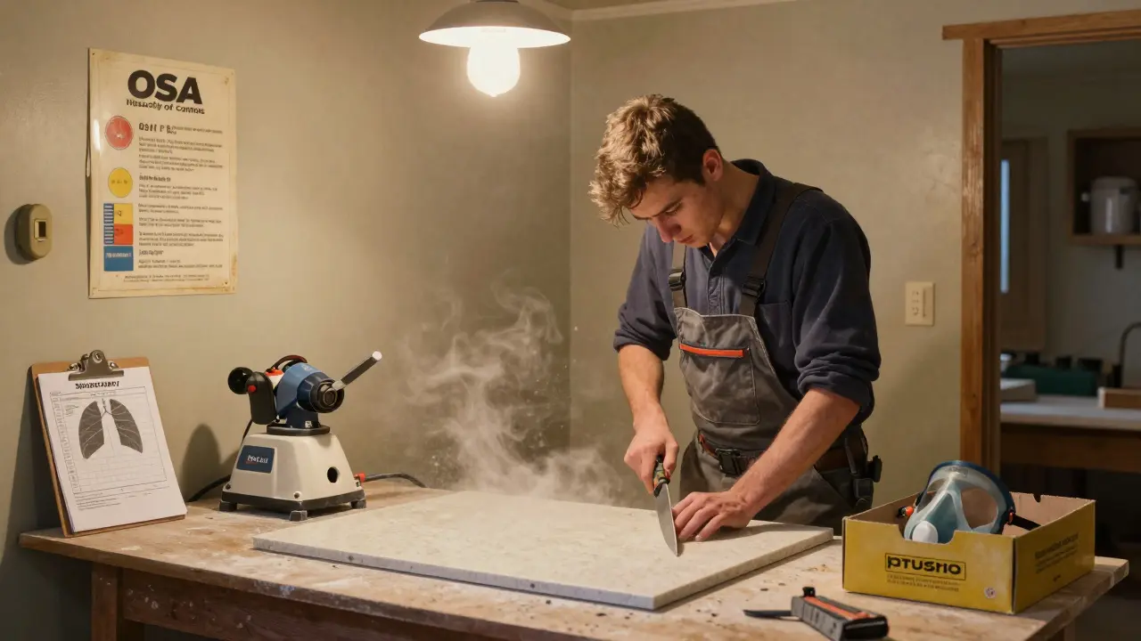 A young worker cutting stone in a dusty shop, ignoring safety equipment, with lung test results on the bench.