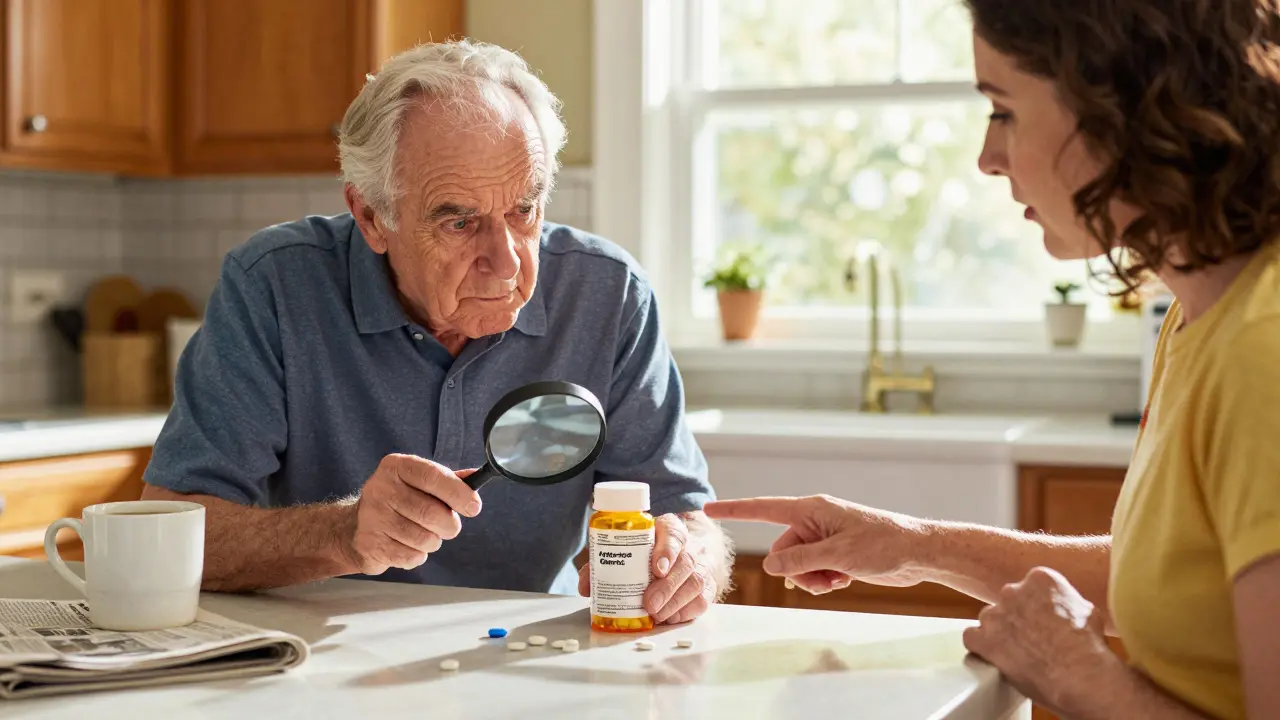 An elderly man examines two different-looking pills at his kitchen table, while his wife explains they are the same medicine.