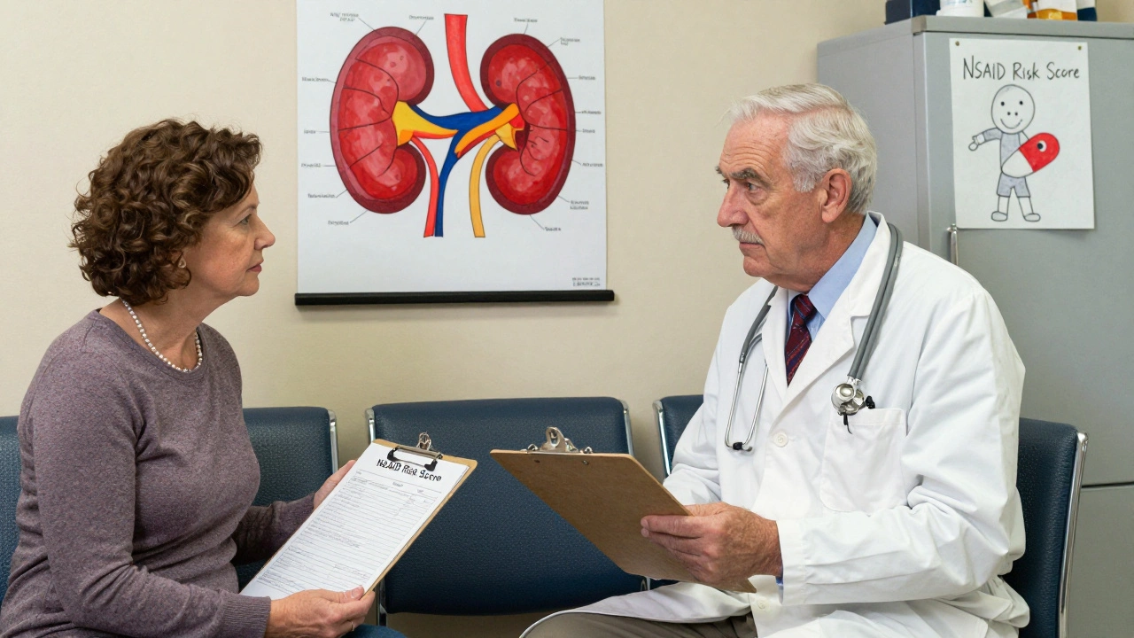 An elderly man in a doctor’s waiting room holds a risk score form as his wife looks at blood test results.