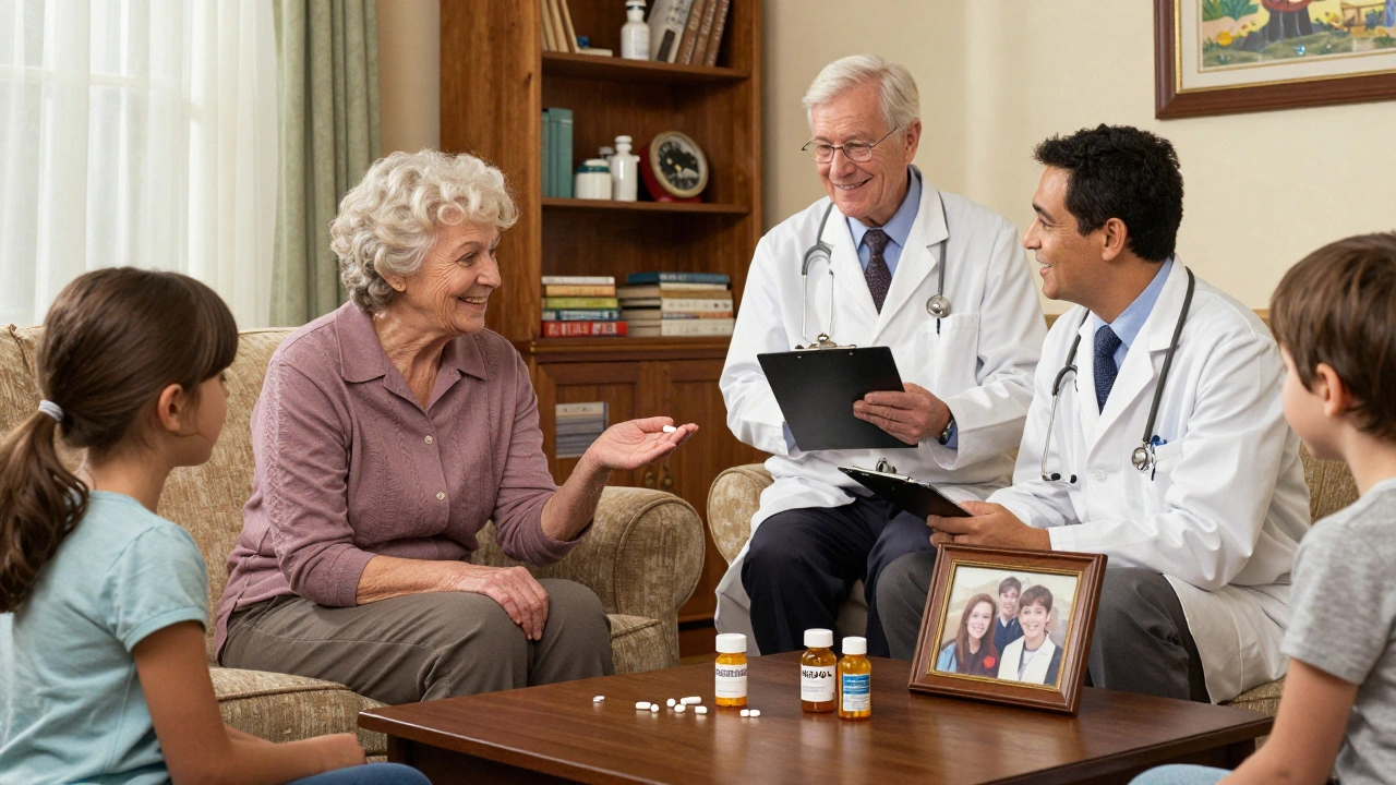 An elderly woman smiling with a single pill, surrounded by family and medical staff, discarded medication bottles on the table.