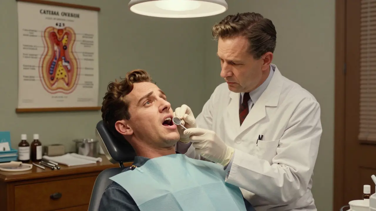 Dentist examining patient's mouth for oral thrush in a vintage office with nystatin bottle visible.