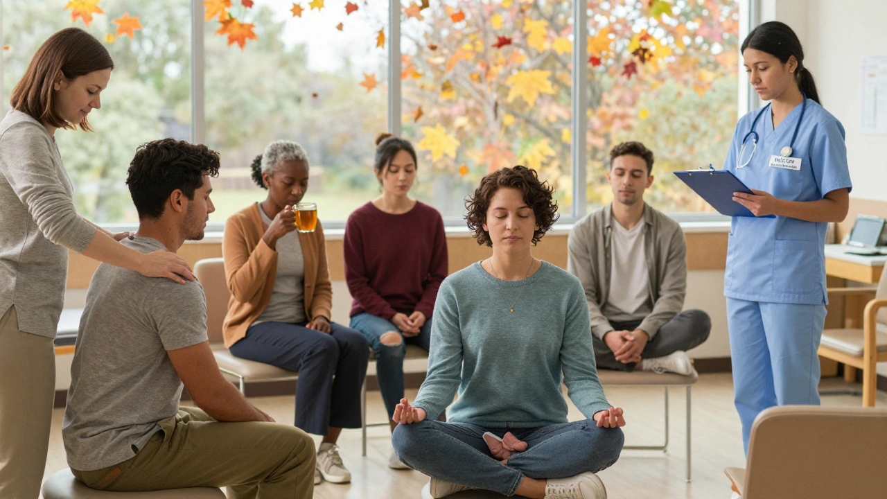 Diverse patients in a hospital lounge receiving gentle care like massage and meditation, with guidelines visible.