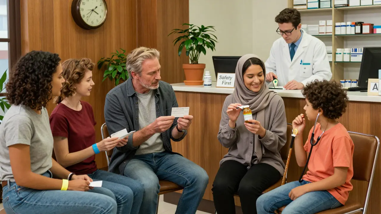 Diverse patients in a pharmacy waiting area, one relieved to learn their medication has safe ingredients.